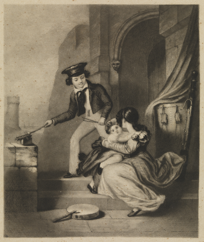 [Three children with toys and musical instruments]