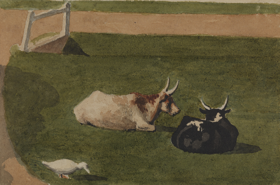 [Brook Green: cows and duck in landscape]