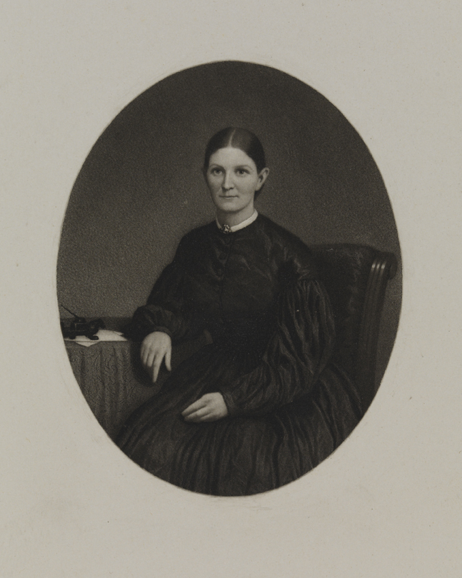 [Woman seated at table with letters]