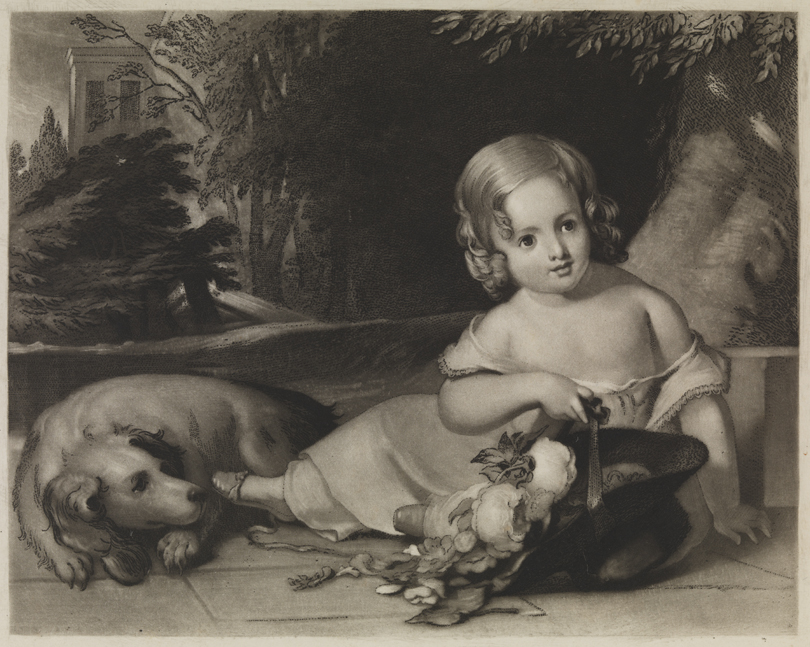 [Child with dog and flowers]
