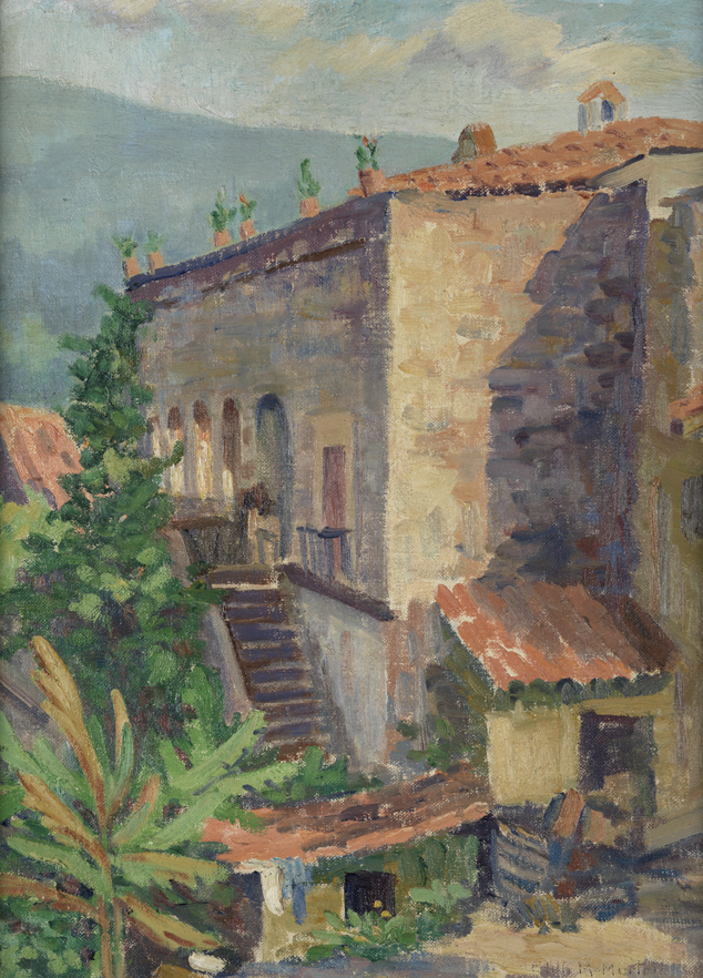 Building; on back,  Desert Landscape