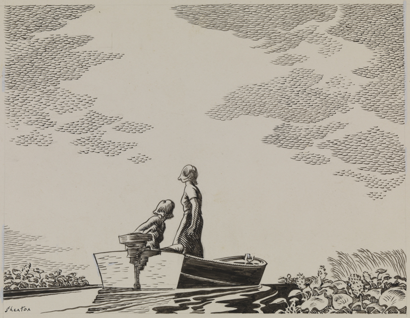 [Two figures in boat]