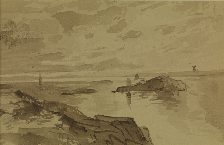 [Seacoast: offshore rocks and sails]