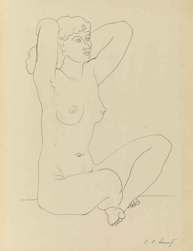 [Figure study: nude with hands behind head]