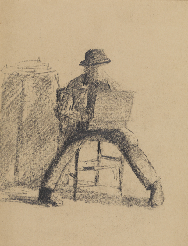 [Figure study: seated male opening a box]
