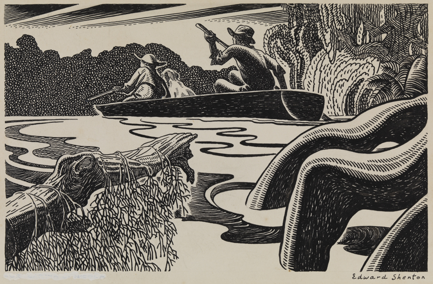 [Two figures and dog in boat - Penny, Jody and Julia]