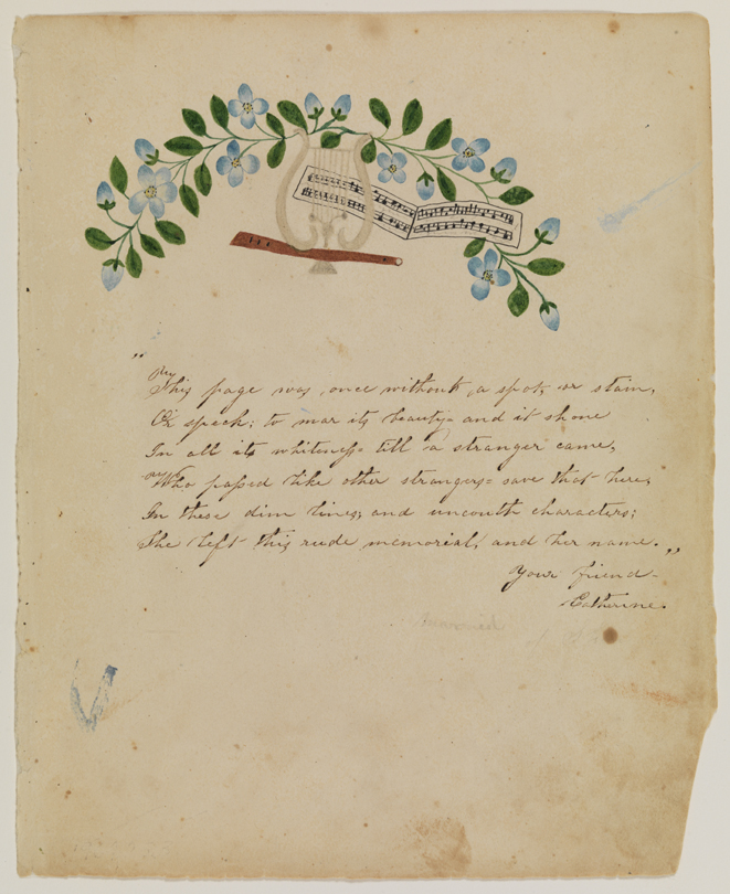 [Blue flowers, leaves and lyre]