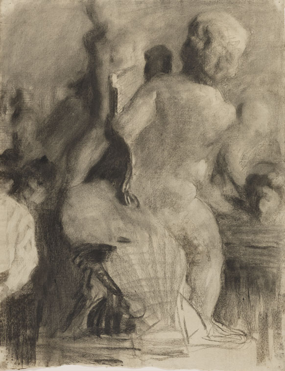 [Cast drawing: boy with goose from rear]