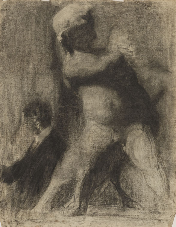 [Cast drawing: boy with goose with male figure in background]