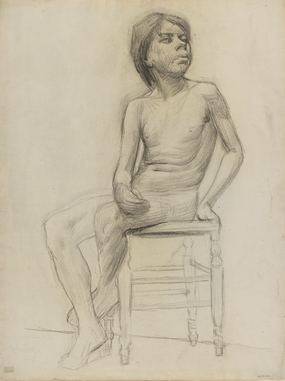 [Figure study: young male model, seated]
