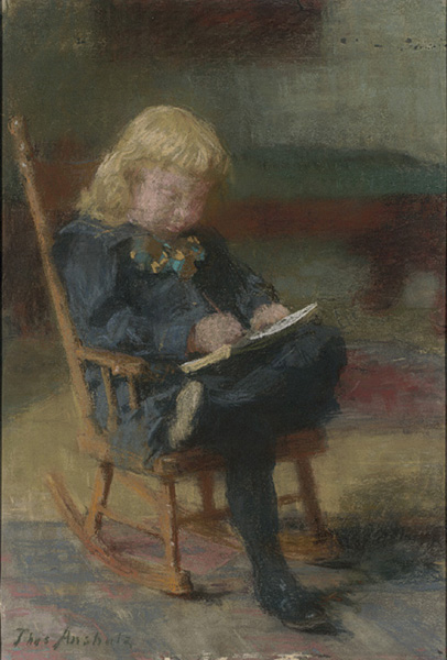 [Child seated in rocking chair, writing]