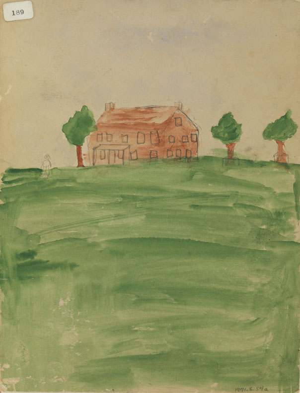 a. [Landscape with house (apparently by a child)] b. [Sketches of dogs and figures]