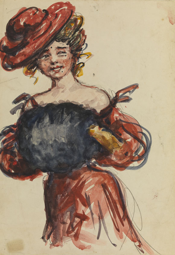 [Lady in red holding muff]