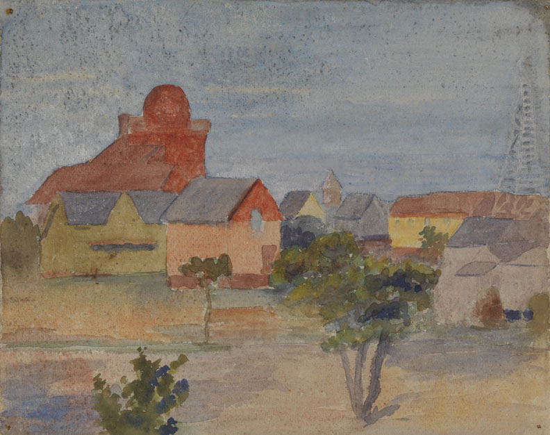 [Landscape with buildings and windmill]