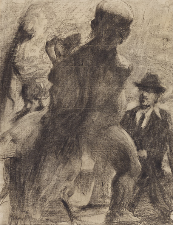 [Cast drawing: boy with goose (rear view) with male observer wearing hat]