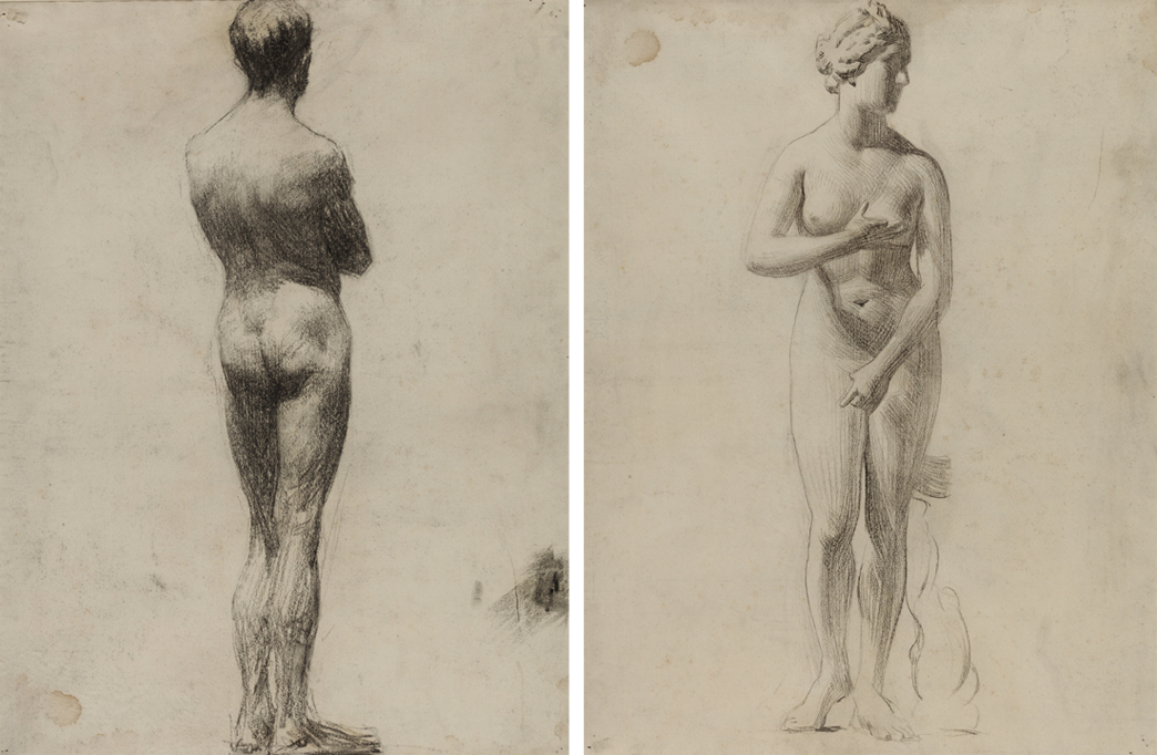 [Figure study: male standing, back view] recto; [Cast drawing: Venus, front view] verso