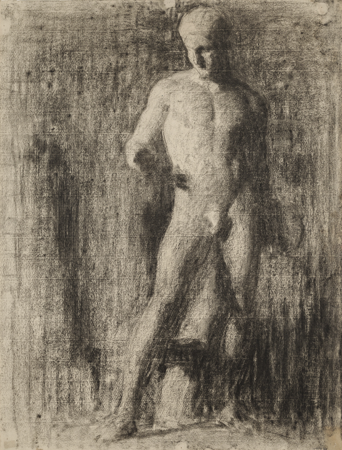 [Cast drawing: standing male nude]