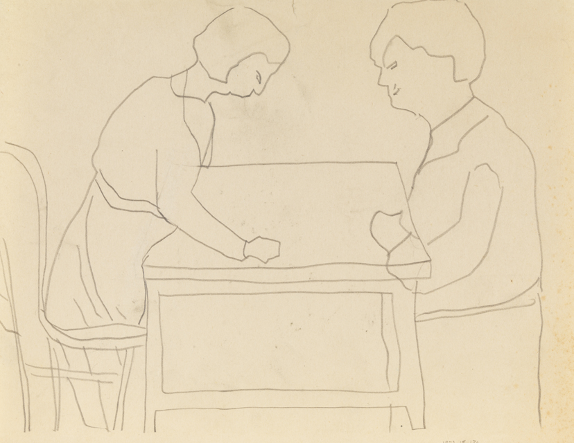 [Figure study: two figures seated at table]