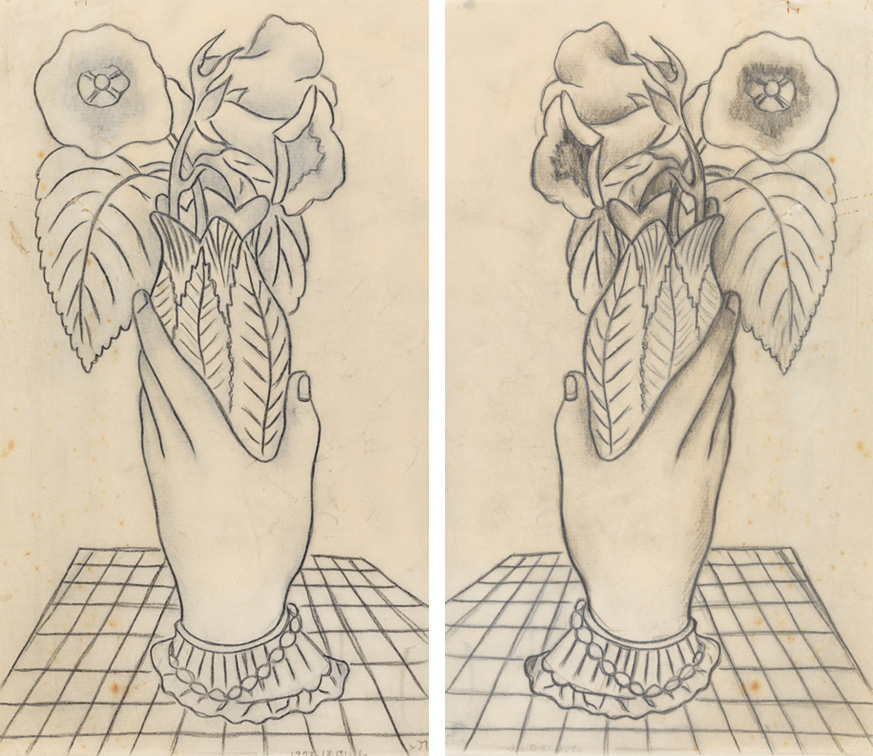 [Ceramic hand vase with flowers] recto and verso