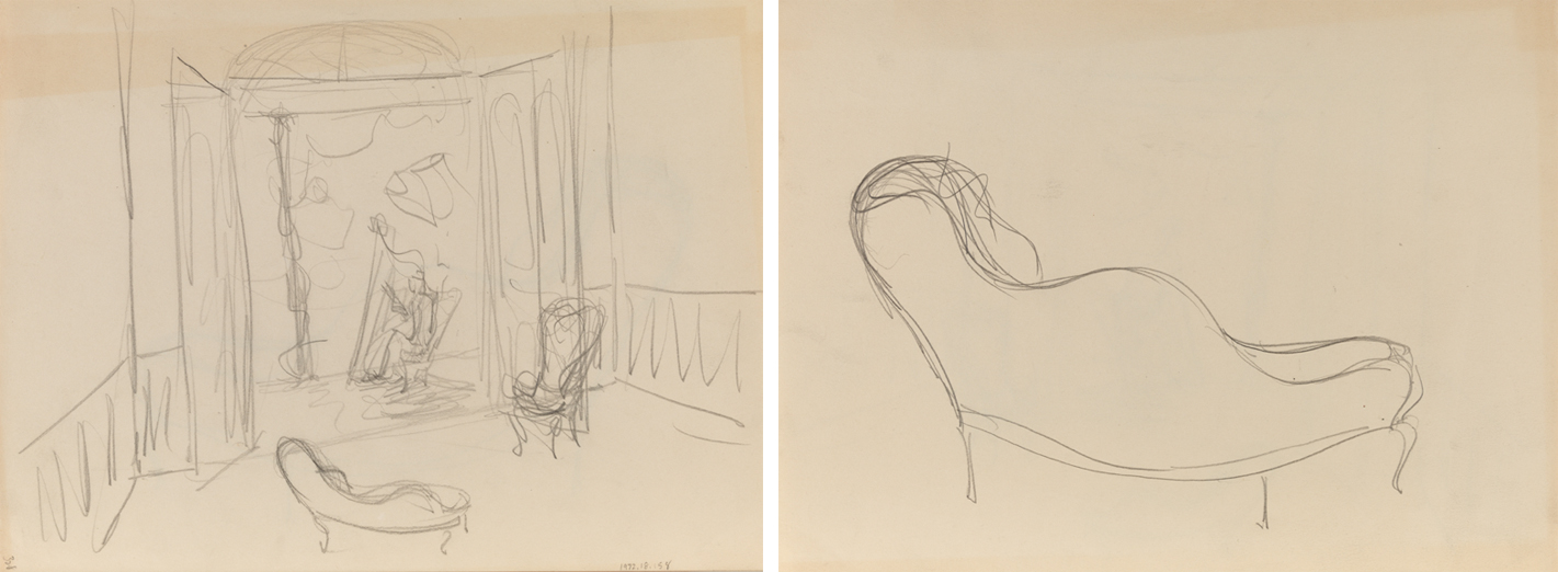 [Interior with harpist] recto; [Sketch of divan] verso