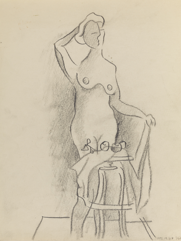 [Figure study: female nude with still life]