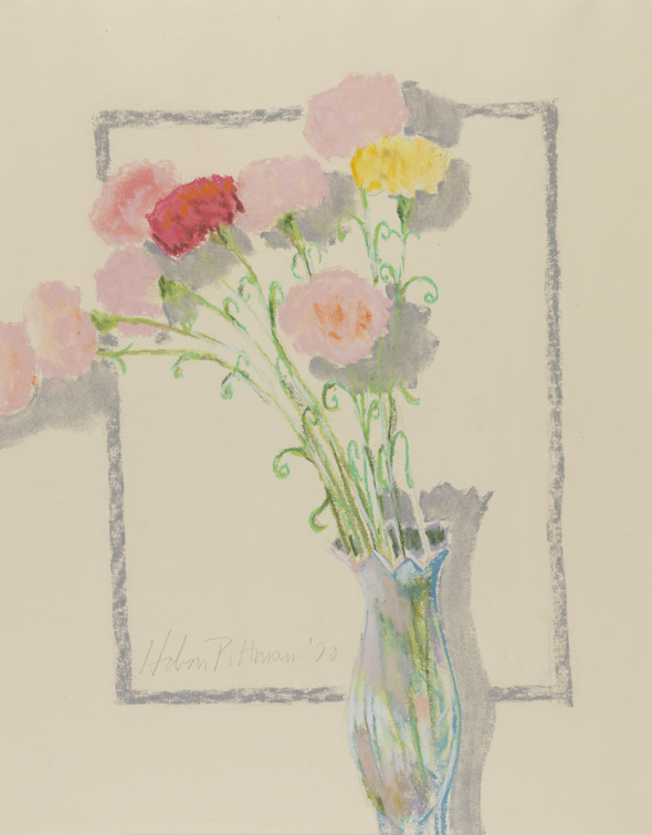 [Still life: pink and yellow carnations in vase]
