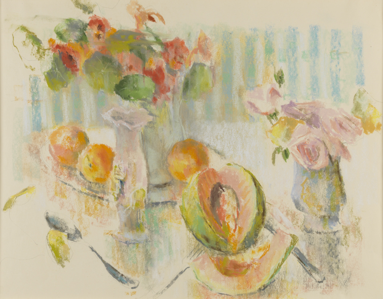 [Still life: canteloupe, fruit and flowers]