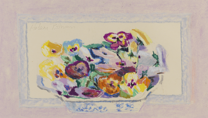 [Still life: pansies in blue and white bowl]