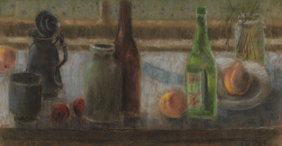 [Still life: bottles and fruit]