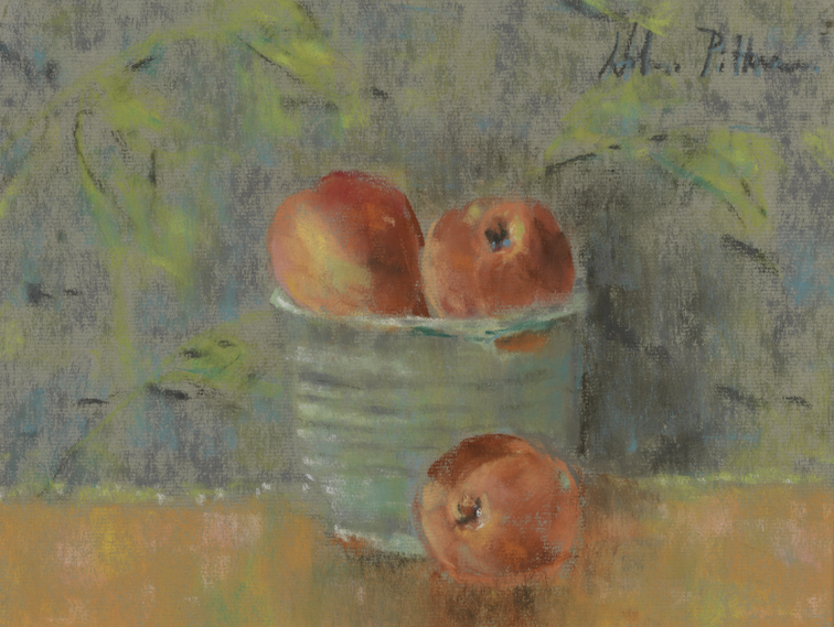[Still life: three peaches in a bowl]