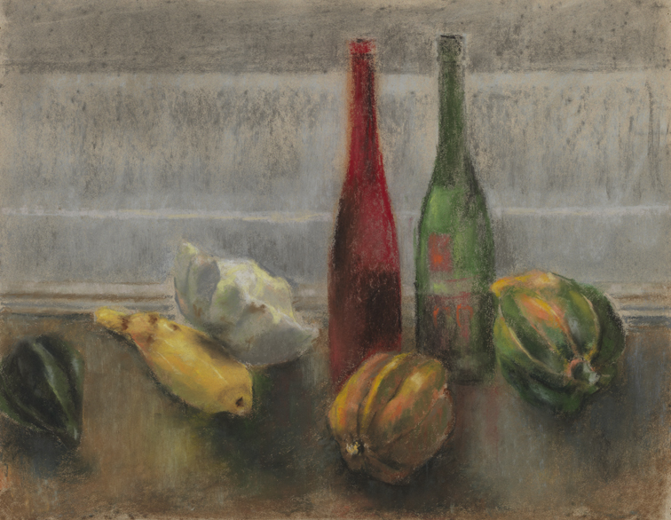 [Still life: wine bottles and squash]