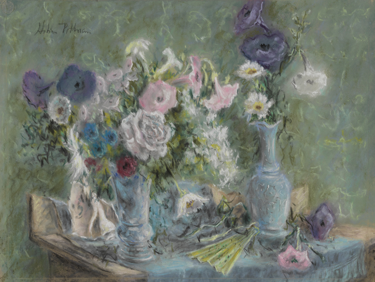 [Still life: mixed flowers in blue vases]