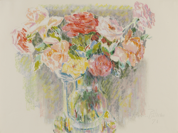 [Still life: pink, red and yellow roses in vase]