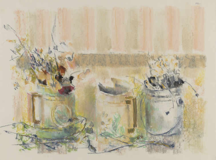 [Still life: three pots with wilted flowers]