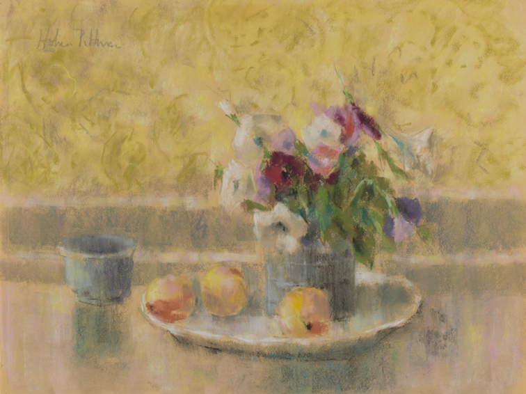 [Still life: petunias, peaches in plate]
