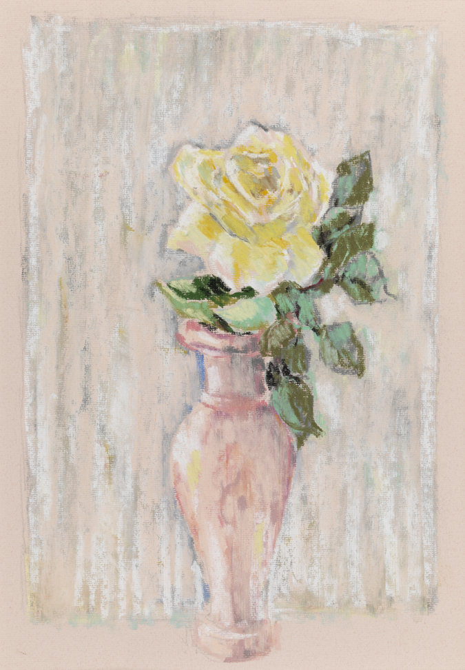 [Still life: yellow rose in pink vase]