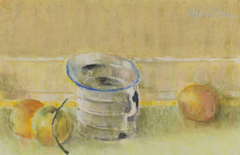 [Still life: three peaches and sifter]