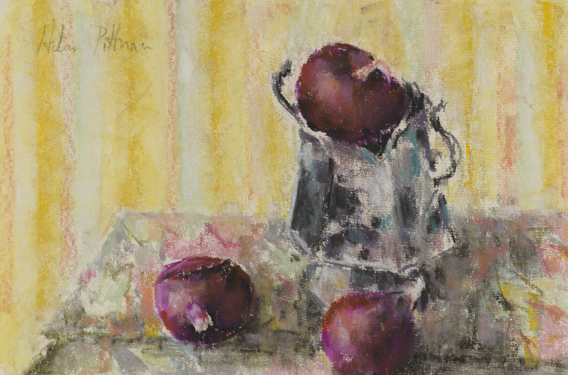 [Still life: three red onions and jug]