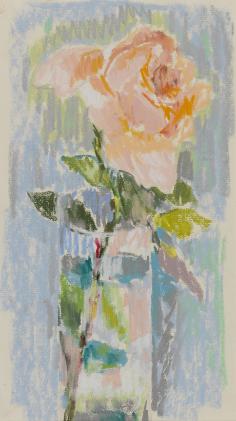 [Still life: peach rose in glass vase]