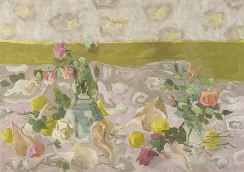 Two Vases of Roses and Seashells 