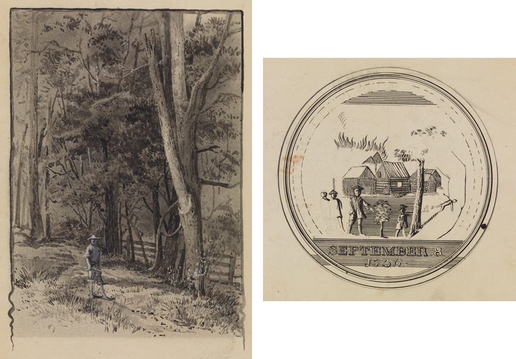 [Landscape with Boy] recto; [Medallion design with American colonial scene] verso