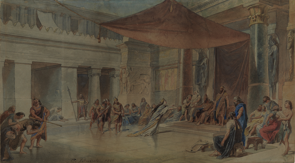 [Queen Esther denouncing Haman to Ahasuerus]