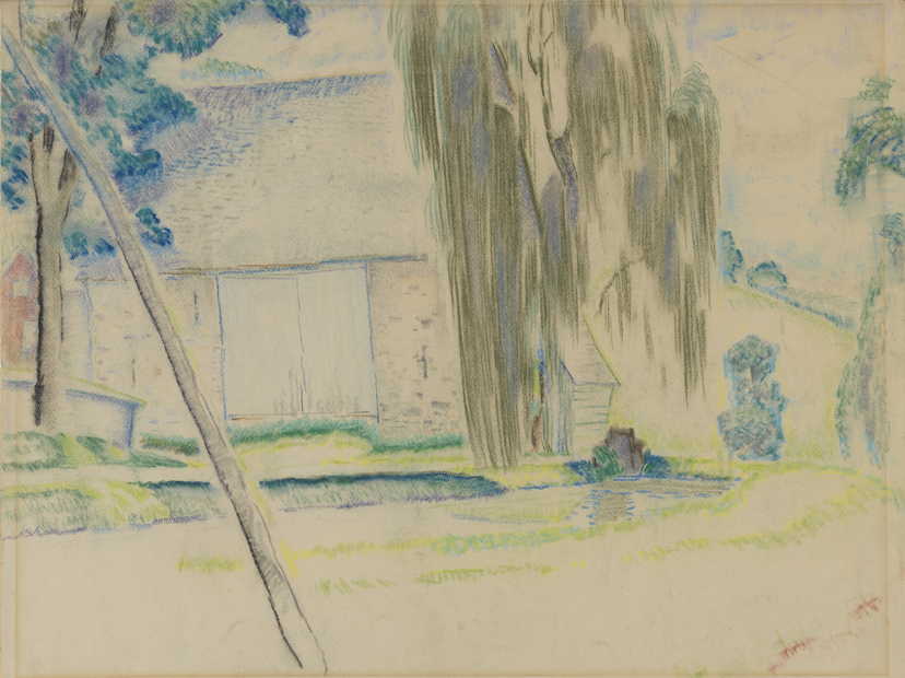 [Landscape with barn and willow]