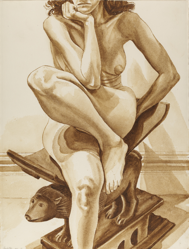 [Female model on African stool]