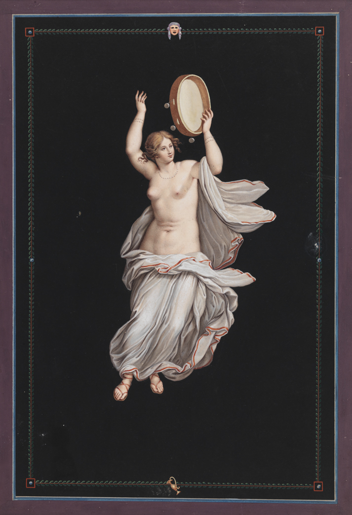 [A partly naked bacchante playing a tambourine]