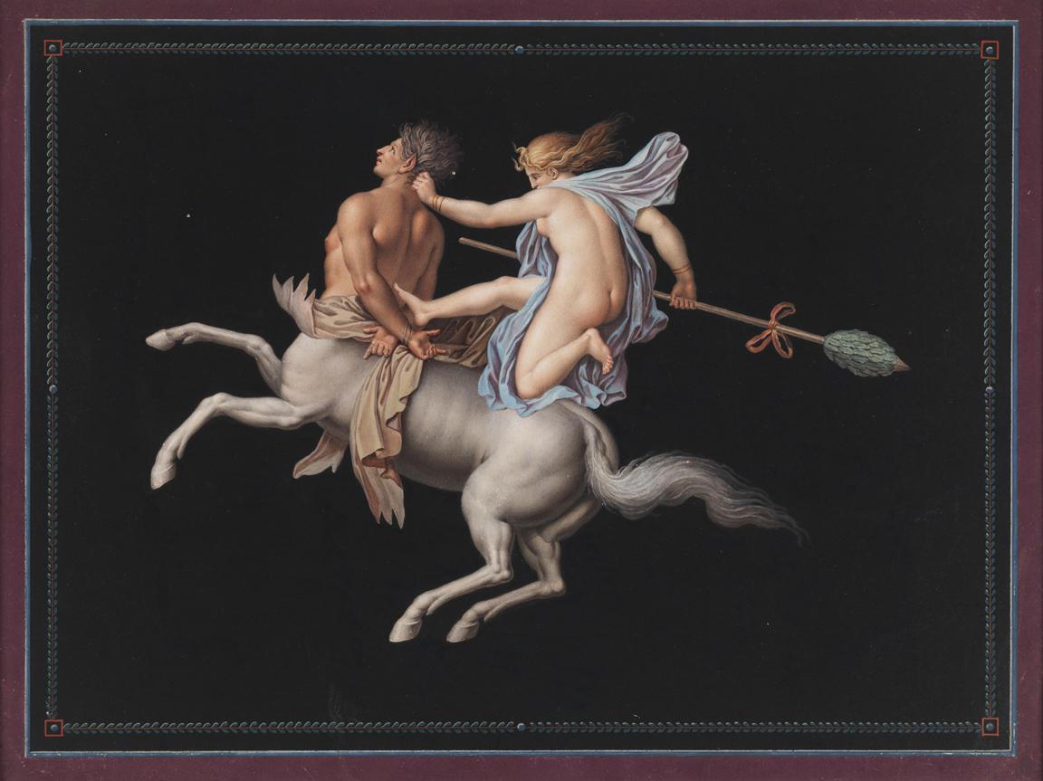 [Bacchant subduing a charging centaur greek mythology mural in Pompeii]