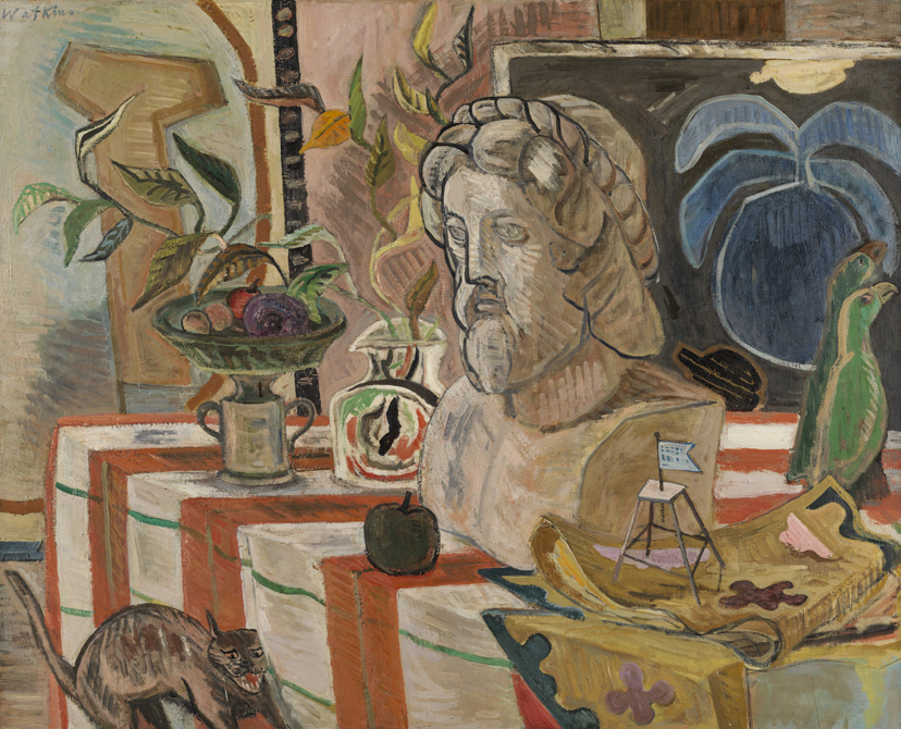 Still Life:  Classical Head, Cat, and China Parrot 