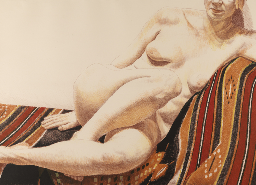 Girl on Orange and Black Mexican Rug