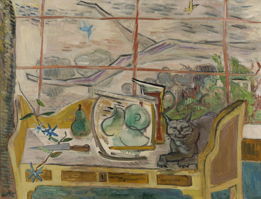 Still Life with Cat on Sideboard and Birds in Sky 
