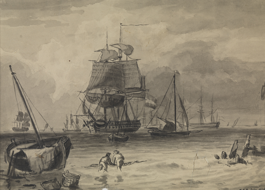 [Ships in a harbor, fisherman with net]